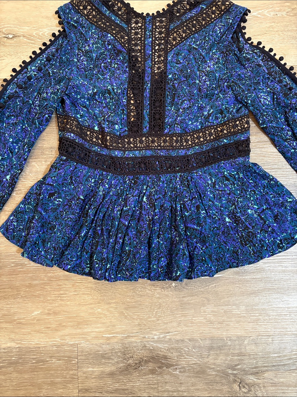 NWT Rebecca Taylor Blue Floral Printed Black Crochet Lace-Pom PomTrim 100% Silk - Picture 11 of 13